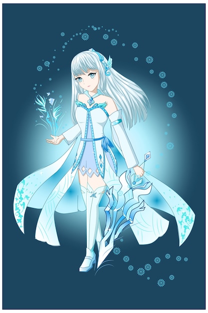 Premium Vector Anime Girl White Brown With White Blue Costume Bring The Sword