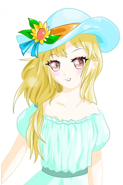 アニメの女の子黄色い髪青い帽子夏 プレミアムベクター