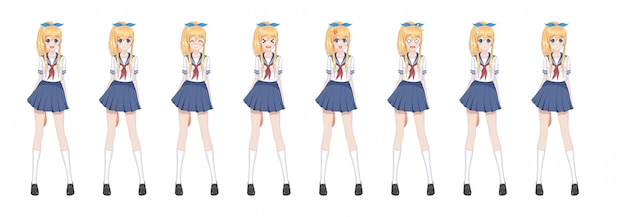 セーラー服のアニメ漫画女子高生 青いスカート プレミアムベクター
