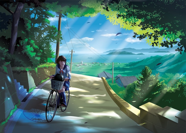 田舎の道路で自転車に乗る日本人女子学生のアニメ風 プレミアムベクター