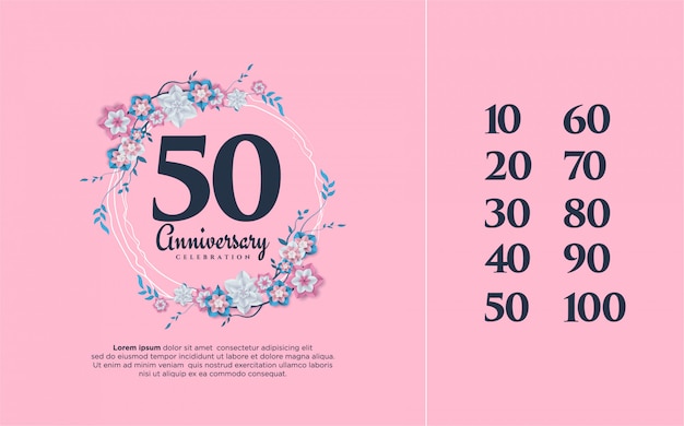 数字を囲む花のイラスト付きの記念日番号10 100 プレミアムベクター
