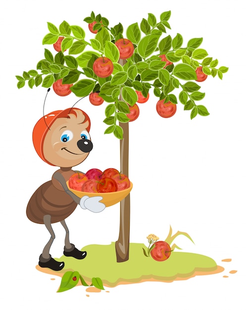 アリの庭師はリンゴを集めます リンゴの木とリンゴ果実のイラスト プレミアムベクター