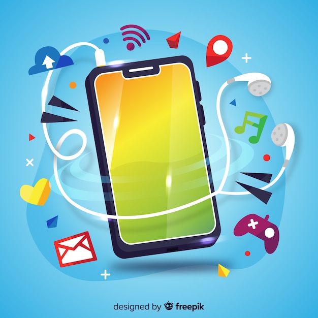 Antigravity mobile phone with social media elements Free Vector