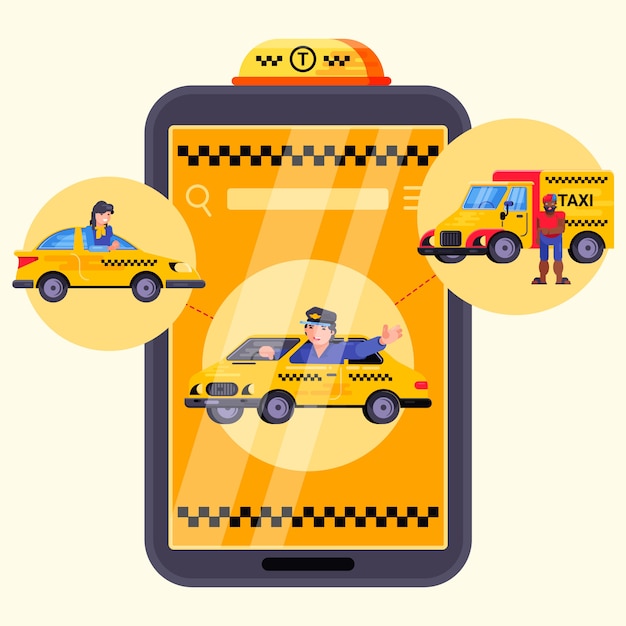 アプリ市車モバイルタクシーサービス イラスト アプリケーションの運転席付近の運転手 乗客のスマートフォンでオンラインで自動注文 プレミアムベクター