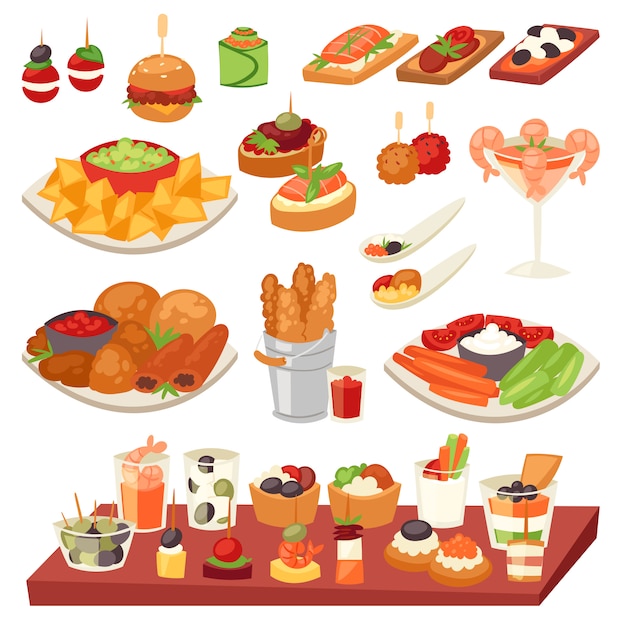 前菜食欲をそそる食べ物とスナックの食事またはスターターとカナッペのイラスト プレミアムベクター