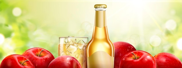 新鮮な果物 3dイラストのボケ味の背景にさわやかな飲み物とアップルサイダー プレミアムベクター