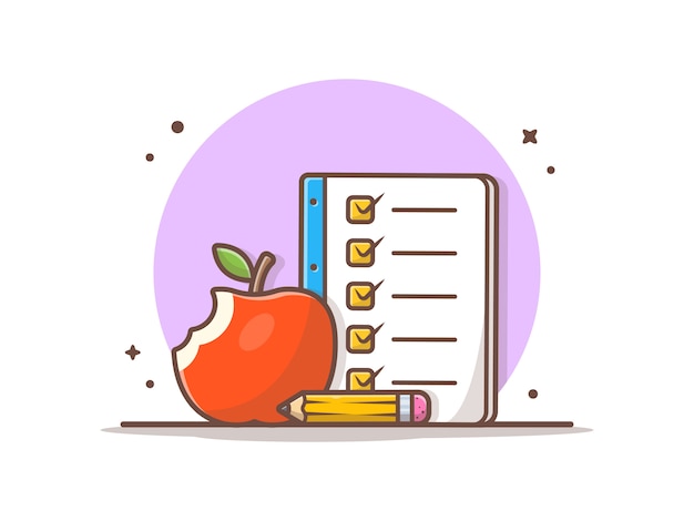 Apple fruit and book list, pencil. back to school  icon illustration. Premium Vector