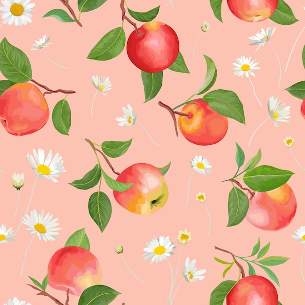 デイジー 熱帯の果物 葉 花の背景を持つリンゴのパターン 夏のカバー 秋の壁紙 ヴィンテージの背景 結婚式の招待状の水彩スタイルのシームレスなテクスチャイラストをベクトルします プレミアムベクター