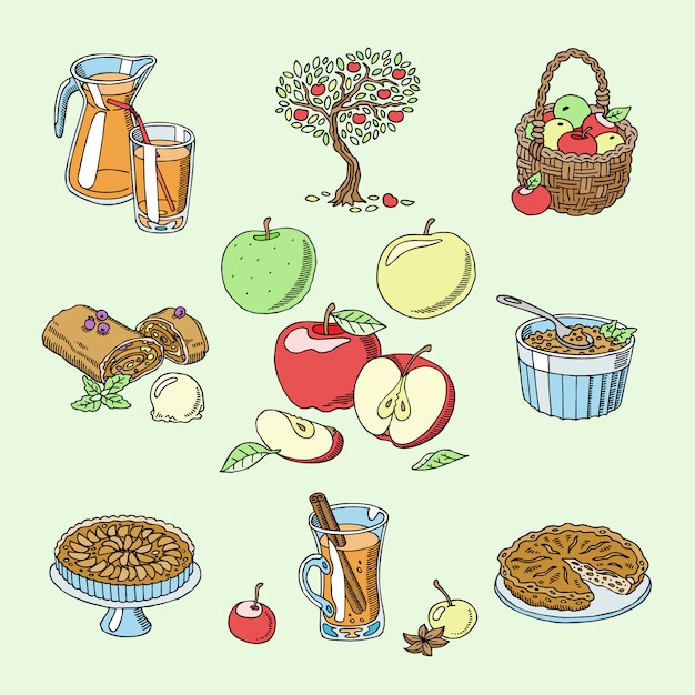 リンゴ健康食品アップルパイと背景に分離されたセットのappletreesイラストと庭の新鮮な果物からapplejuice プレミアムベクター