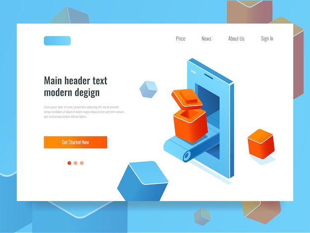 Application development, banner with mobile phone and conveyor line Free Vector