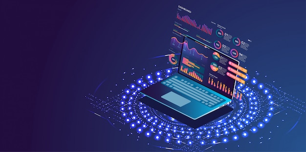 Application of laptop with business graph Premium Vector