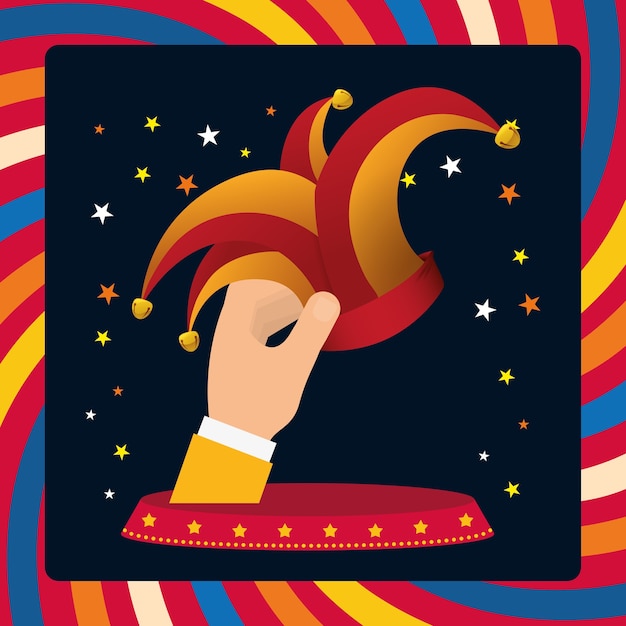 April fools day hand with hat joker star background Premium Vector