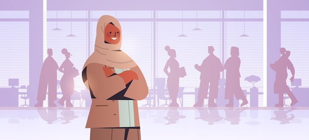 Premium Vector Arab Businesswoman Leader Standing In Front Of Businesspeople Silhouettes Business Competition Leadership Concept Office Interior Illustration