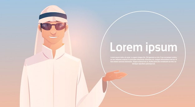 Arab man show hand to copy space, islam businessman wearing traditional clothes Premium Vector