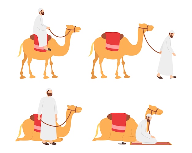 彼のラクダのキャラクターセットに乗ってアラブのイスラム教徒の男 プレミアムベクター