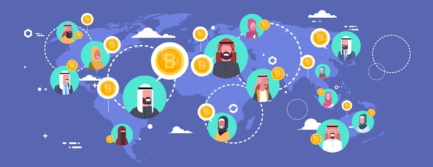 Arab people mining bitcoins over world map modern digital money network crypto currency concept Premium Vector