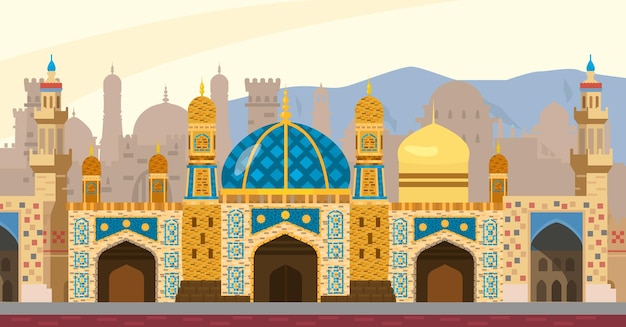 アラブ街の背景イラスト 中東の街並み モスク 塔 門 モザイク フラットスタイル プレミアムベクター