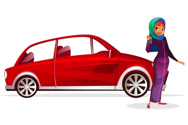 アラブの女性と車の漫画のイラスト サウジアラビアの現代的な女の子hijab 無料のベクター