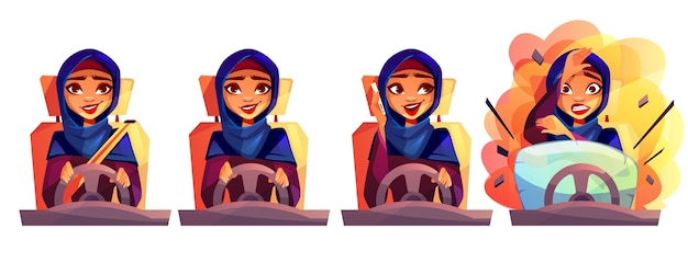 アラブ人女性が車を運転しているサウジアラビアの女の子のイラストシートベルトを固定していないhijab 無料のベクター