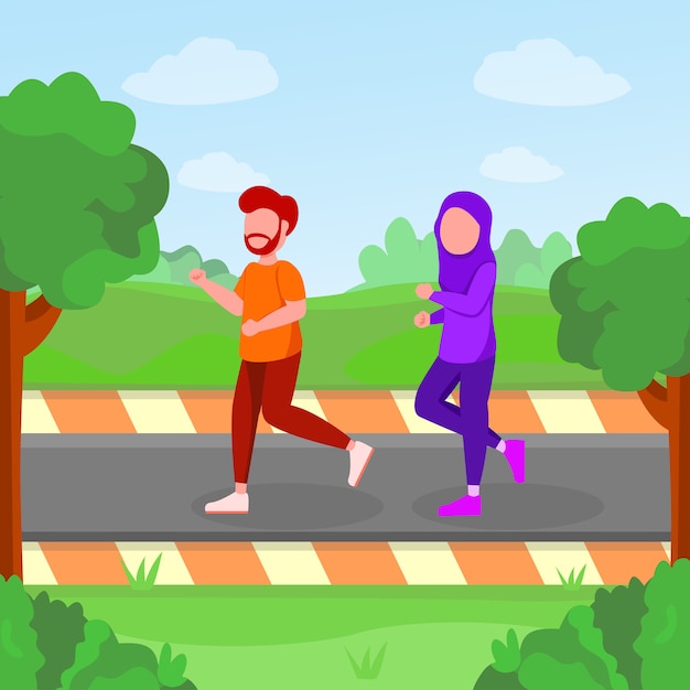 Premium Vector | Arabian couple jogging in park cartoon illustration