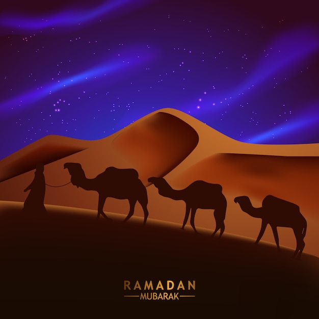 ラマダンカリームのラクダと人々のイラストのシルエットとアラビア砂漠の夜景 プレミアムベクター