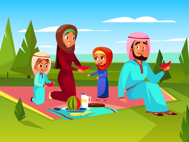 Arabian family at picnic cartoon illustration.
Saudi Muslim father and mother in khaliji
