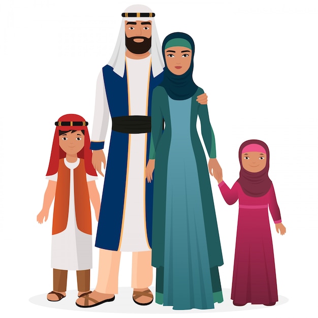 伝統的な民族衣装で子供たちとアラビア家族 プレミアムベクター