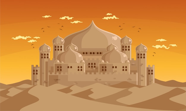 砂漠の風景の中のアラビアの隠された宮殿 プレミアムベクター