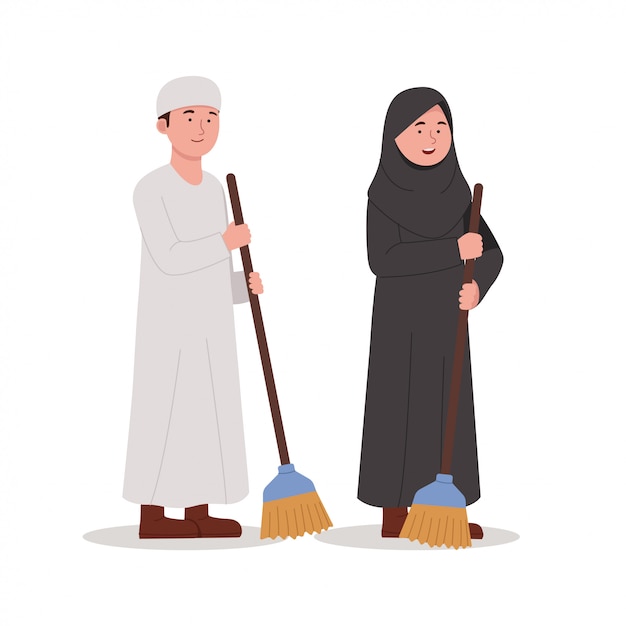 漫画イラストを掃除するためのほうきを運ぶアラビアの子供たち プレミアムベクター