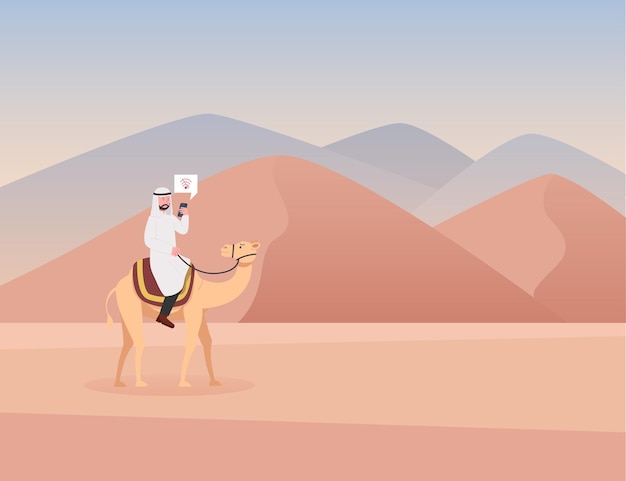 Premium Vector Arabian Man Riding Camel Lost On Desert Checking Phone