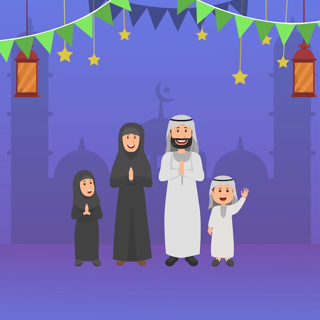 アラビアのイスラム家族のラマダンを祝福 ベクトル漫画イラスト プレミアムベクター