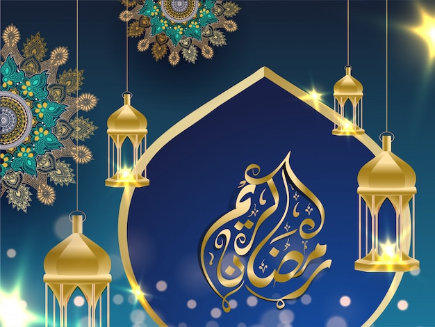 Arabic calligraphy of ramadan kareem with hanging golden ...