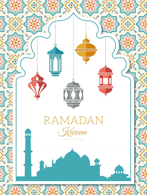 アラビア語のランプの背景 イスラム教のイスラム教のシンボルランタンアラビア語イラストラマダン装飾バナー プレミアムベクター