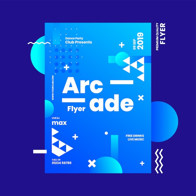Arcade flyer or advertising template design with abstract element on blue background. Premium Vector