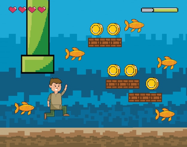 Arcade game world and pixel scene Free Vector