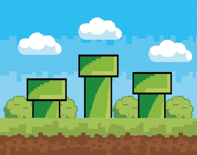 Arcade game world and pixel scene Free Vector