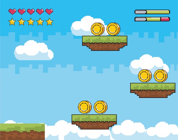 Arcade game world and pixel scene Free Vector