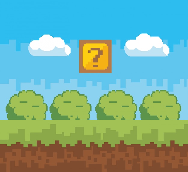 Arcade game world and pixel scene Free Vector
