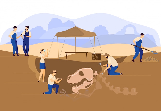 考古学者古生物学者の発掘または恐竜の頭蓋骨とスケルトンの発見イラストで土壌を掘る プレミアムベクター