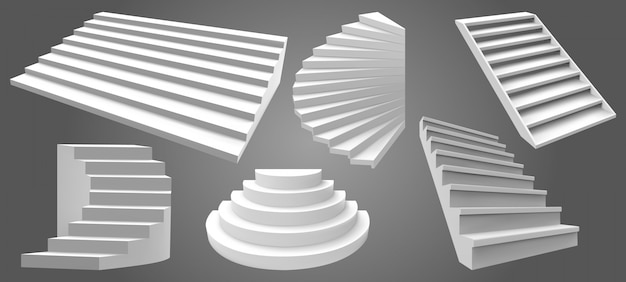 建築の白い現実的な階段 シンプルなインテリア階段 モダンなはしご階段 階段イラストセット インテリア建築の階段 キャリアを登る階段 プレミアムベクター