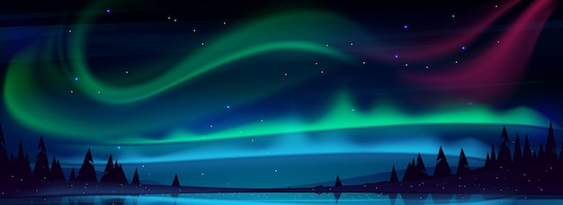 北極オーロラ星空の夜の湖極地の光自然の風景北の驚くべき虹色に輝く波状のイルミネーション水面上で輝く漫画イラスト 無料のベクター