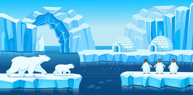氷山 イグルー ホッキョクグマ ペンギン 海または海のある北極の風景 ゲームやモバイルアプリケーションの漫画イラスト プレミアムベクター