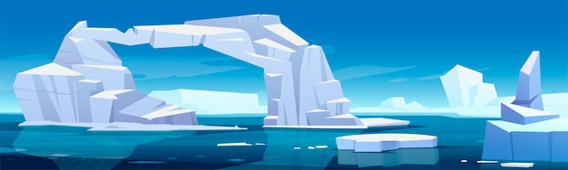 溶ける氷山と氷河が海に浮かんでいる北極の風景 世界的な警告と気候変動の概念 青い海の水の中の極地または南極の氷の漫画イラスト 無料のベクター