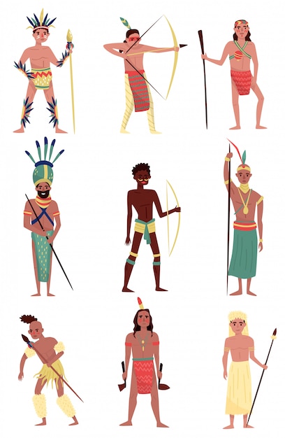 武装したネイティブの人々セット アメリカンインディアン アフリカの部族のメンバー オーストラリアのアボリジニのキャラクターイラスト白い背景の上 プレミアムベクター