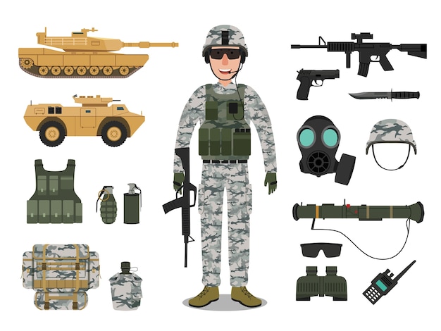 Army soldier character with military vehicle Premium Vector