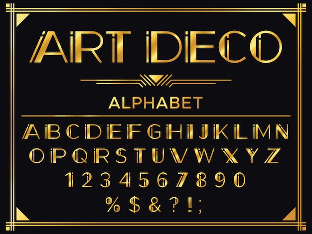 アールデコフォントです 19年代の黄金の装飾文字 ヴィンテージのファッションのタイポグラフィ 古いゴールドのアルファベットセット プレミアムベクター