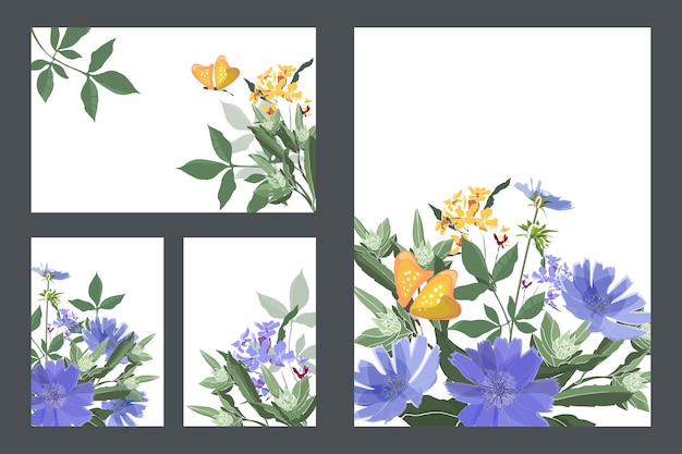 アート花の挨拶と名刺 青いチコリ 黄色い蝶 緑の茎と葉のカード 青と黄色の小さな花 白い背景で隔離の花 プレミアムベクター