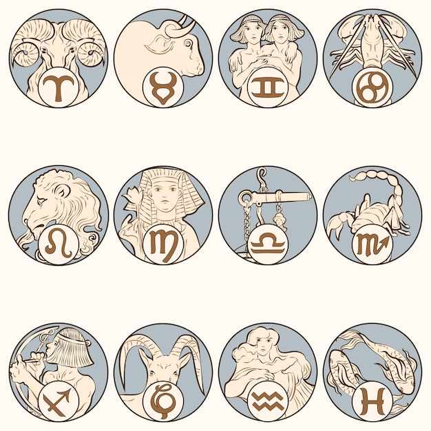 Free Vector | Art nouveau 12 zodiac signs vector, remixed ...