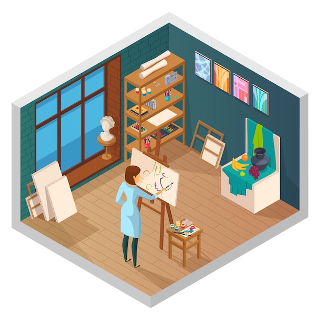 Art studio isometric interior of classroom with window shelves paintings and female painter character at work vector illustration Free Vector