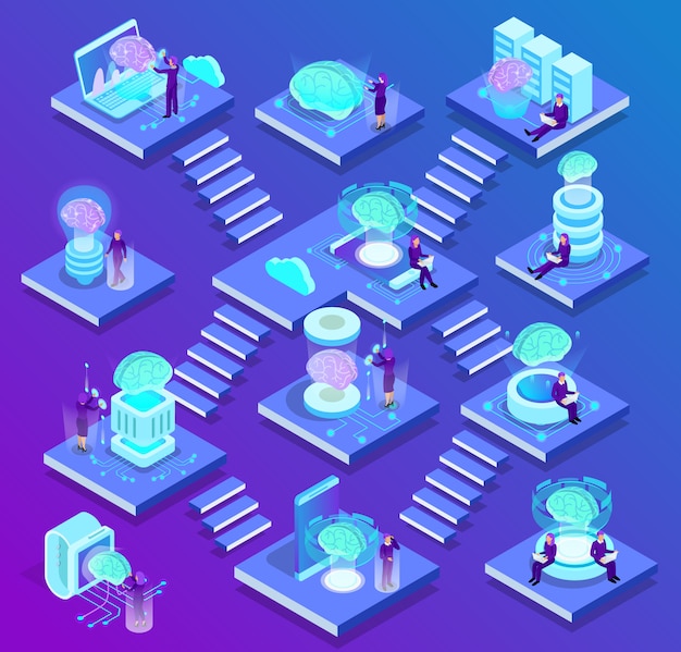 Artificial intelligence isometric composition with set of glow icons ...